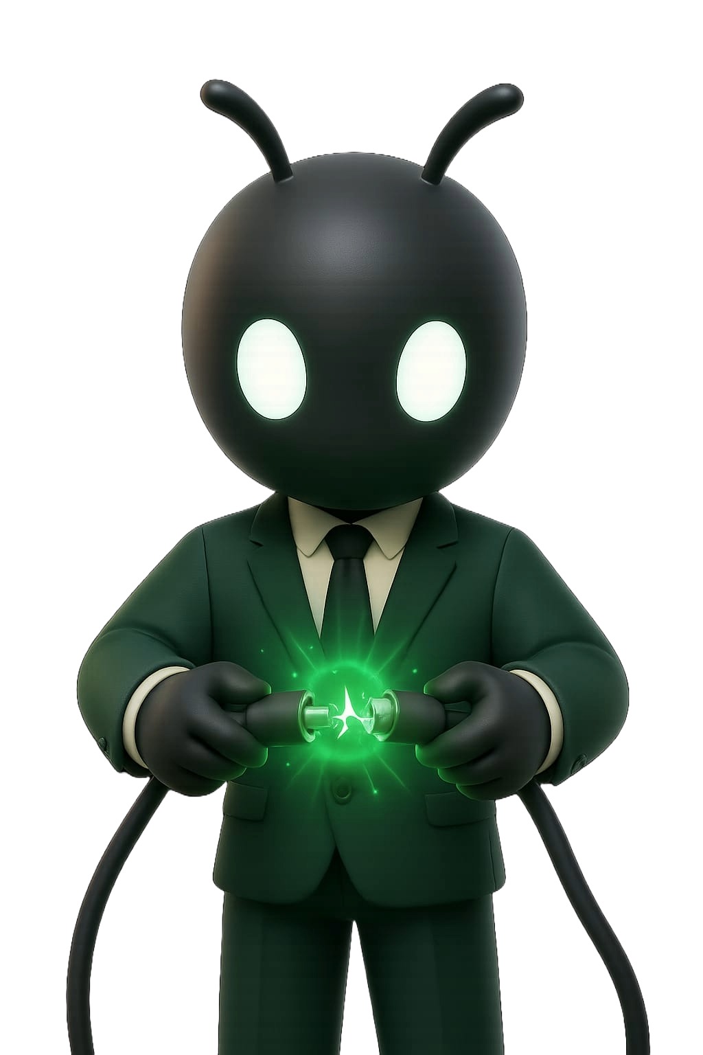 Mascotte ACROMY en costume vert connectant deux câbles