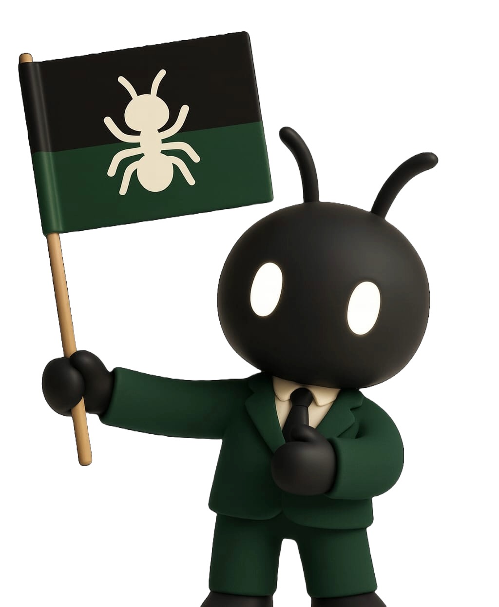 Mascotte ACROMY en costume vert portant un drapeau